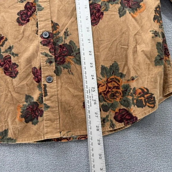 Express Button Down Shirt Womens Corduroy Floral Rose Tan Burgundy Green Medium - Picture 8 of 12